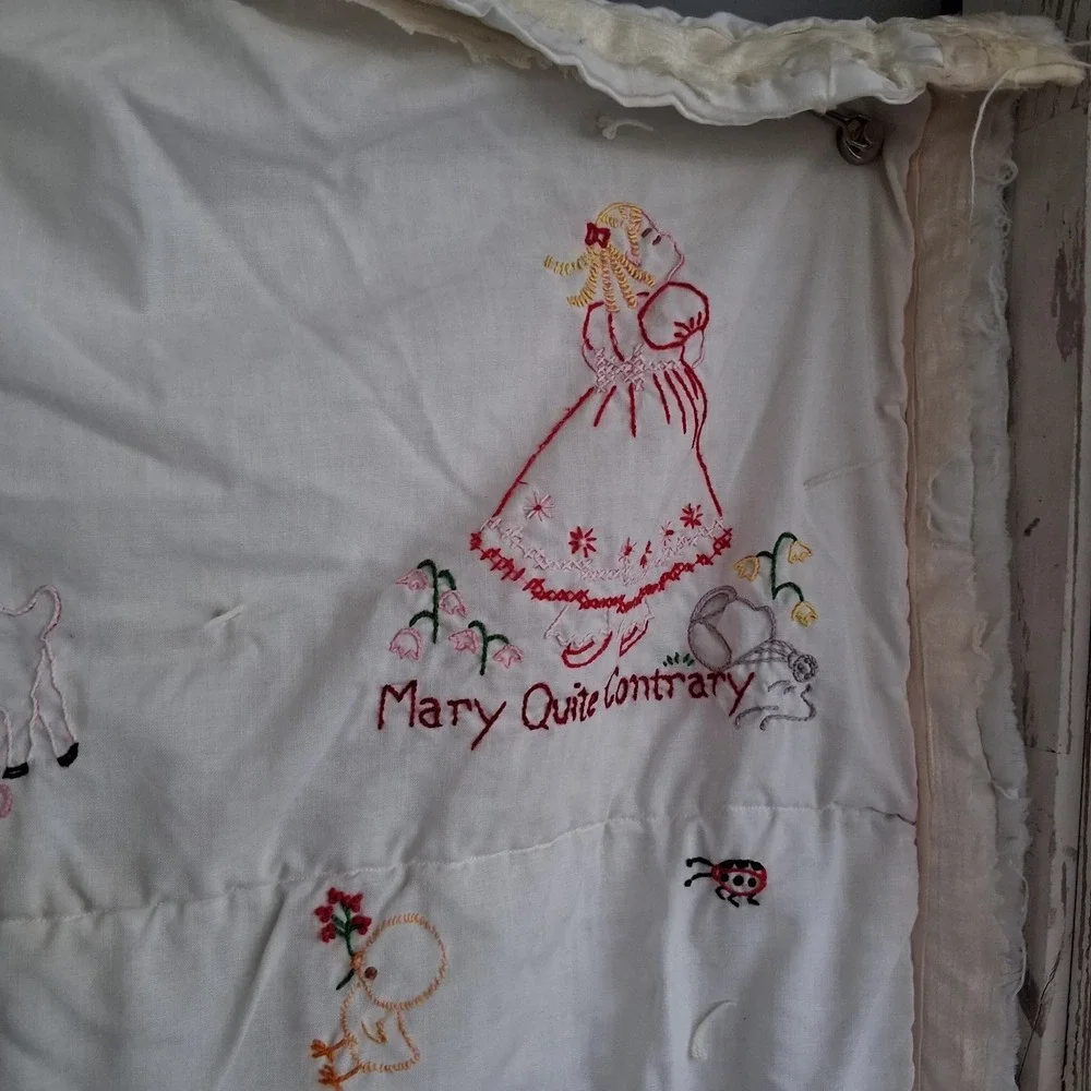 Vintage Hand Embroidered Baby Quilt Blanket Mother Goose Nursery Rhyme Motif...